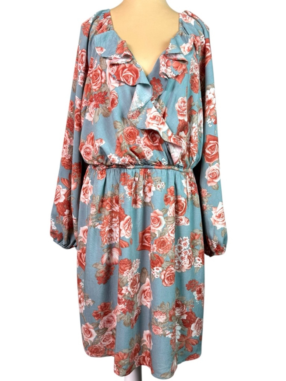 Emily Wonder Dusty Blue Floral Mock Wrap Dress with Ruffle Trim Plus Size 1X